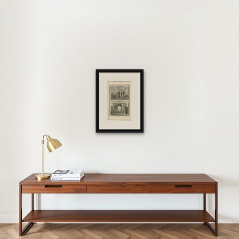 Ruth and Naomi and Boaz Takes Ruth as His Wife, Mortier Bible circa 1700, shown framed on a wall, true to size