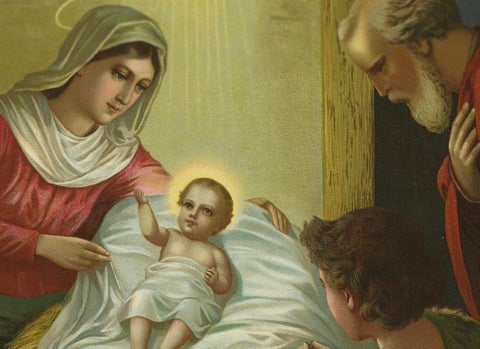 Birth of Jesus, Fine c.1900 German Nativity Chromolithograph (Original), close-up 1