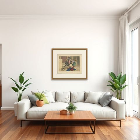 Religious Print "No.26" Expulsion of Heliodorus from the Temple, circa 1840, shown framed in a room, true to size