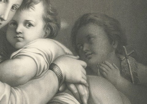 Madonna and Child Print after Raphael, La Vierge à la Chaise, circa 1850, close-up 4