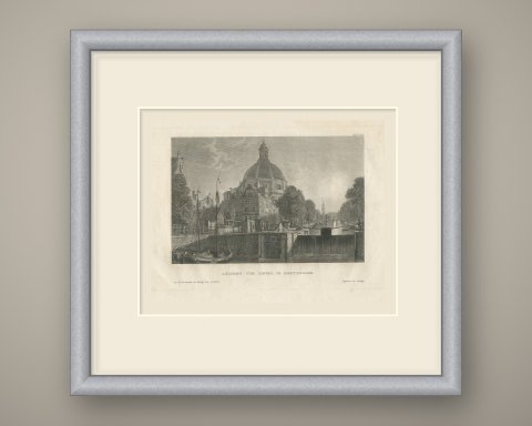 Singel and Round Lutheran Church, Amsterdam, Antique Steel Engraving, c. 1835, shown framed