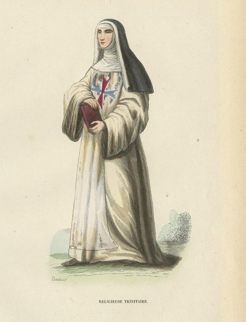 Antique Print of a Trinitarian Nun, 1845, close-up 1