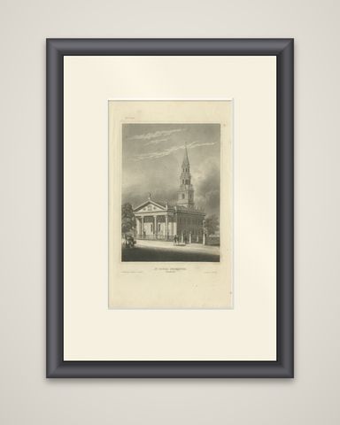St Paul’s Broadway New York, Antique Engraving Church View, ca.1850, shown framed