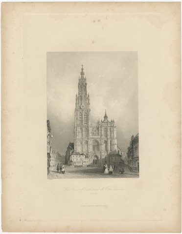 West Front of Antwerp Cathedral, Antique Engraving after Allom, circa 1850, view 2