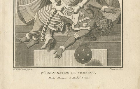 Striking 1806 Narasimha Vishnu Lion-Man Avatar Antique Print, Hindu Engraving, close-up 2