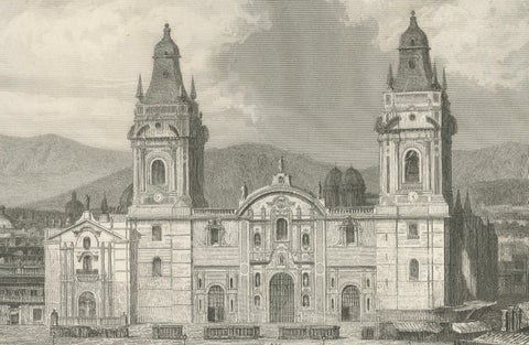Rare Antique Engraving, Lima, Peru with Cathedral and Plaza Mayor, 1867, close-up 2