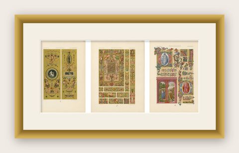 Set of Three Renaissance Religious Ornament Chromolithographs by Racinet, 1873, shown framed