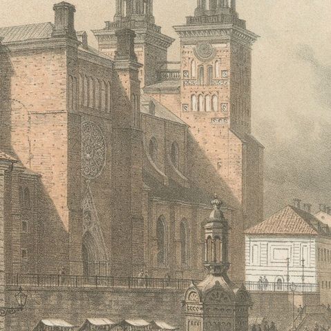 Uppsala St Eriks Torg Cathedral View, Swedish Tinted Lithograph by A. Nay, 1877, close-up 2
