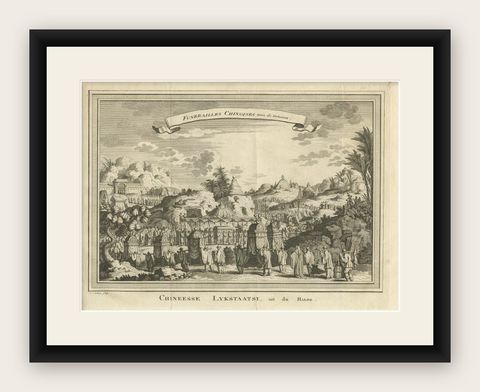 Antique Print of a Chinese Funeral, 1749, shown framed