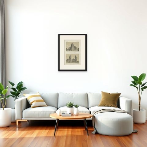 Antique lithograph views of the Cathedral and La Merced Church, Lima, 1865, shown framed in a room, true to size