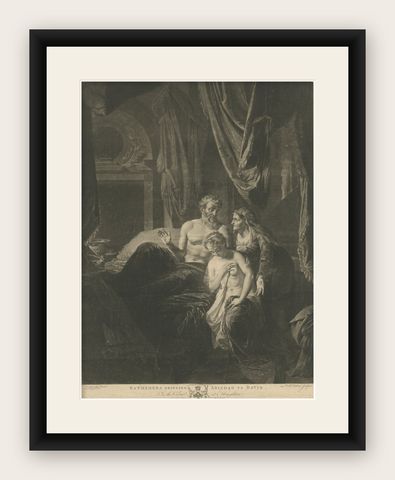 Large Religious Mezzotint Print of Batsheba Bringing Abishag to David, 1779, shown framed