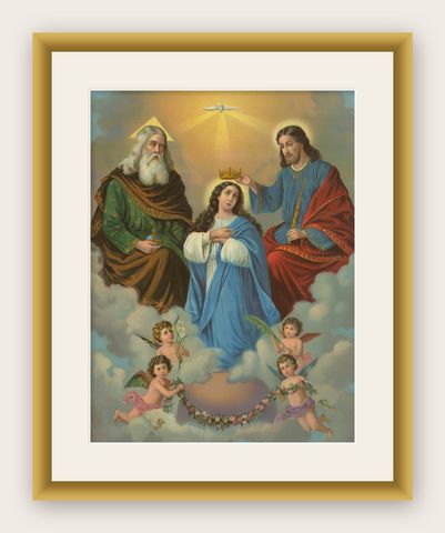 Antique Coronation of Mary Religious Chromolithograph with Gold, c. 1900, shown framed