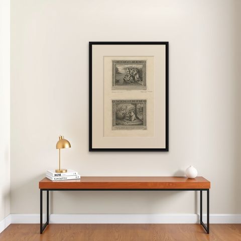 Antique Religion Print Depicting the Nativity of Christ & Pharaoh's Dream, 1850, shown framed on a wall, true to size