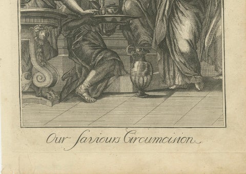 Old Biblical Engravings, Luke: Simon, Simeon’s Prophecy & Circumcision, c.1735, close-up 4