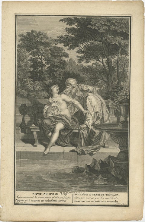 Religion Print Titled 'Susanna Resisteth the Temptation of The two Judges', 1728, view 2