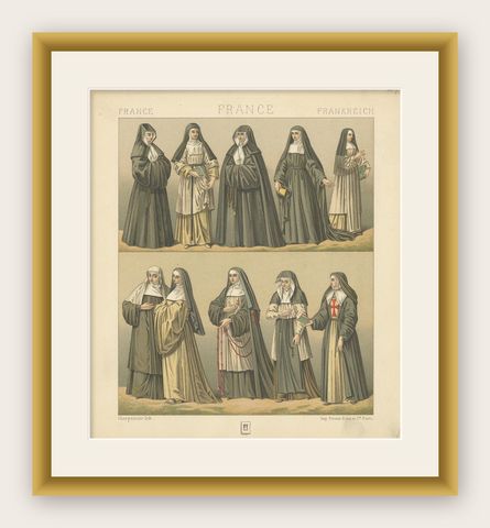 Pl. 139 Antique Print of French Nuns by Racinet, 'circa 1880', shown framed