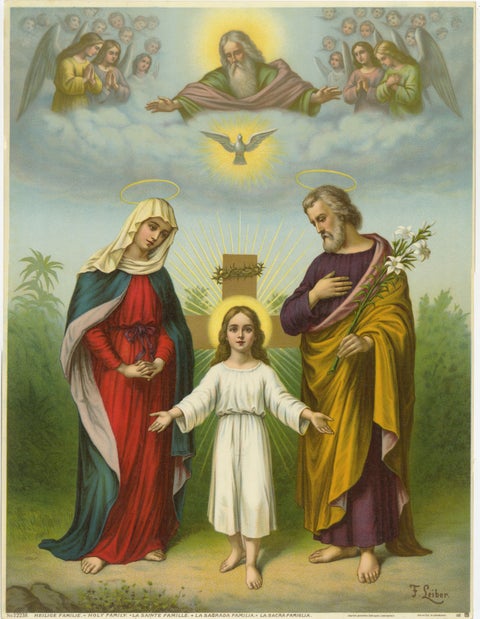 Holy Family with God the Father, Antique German Chromolithograph, 1900