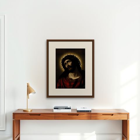 Ecce Homo, 1899 German Chromolithograph of Christ with Crown of Thorns (Dresden), shown framed on a wall, true to size