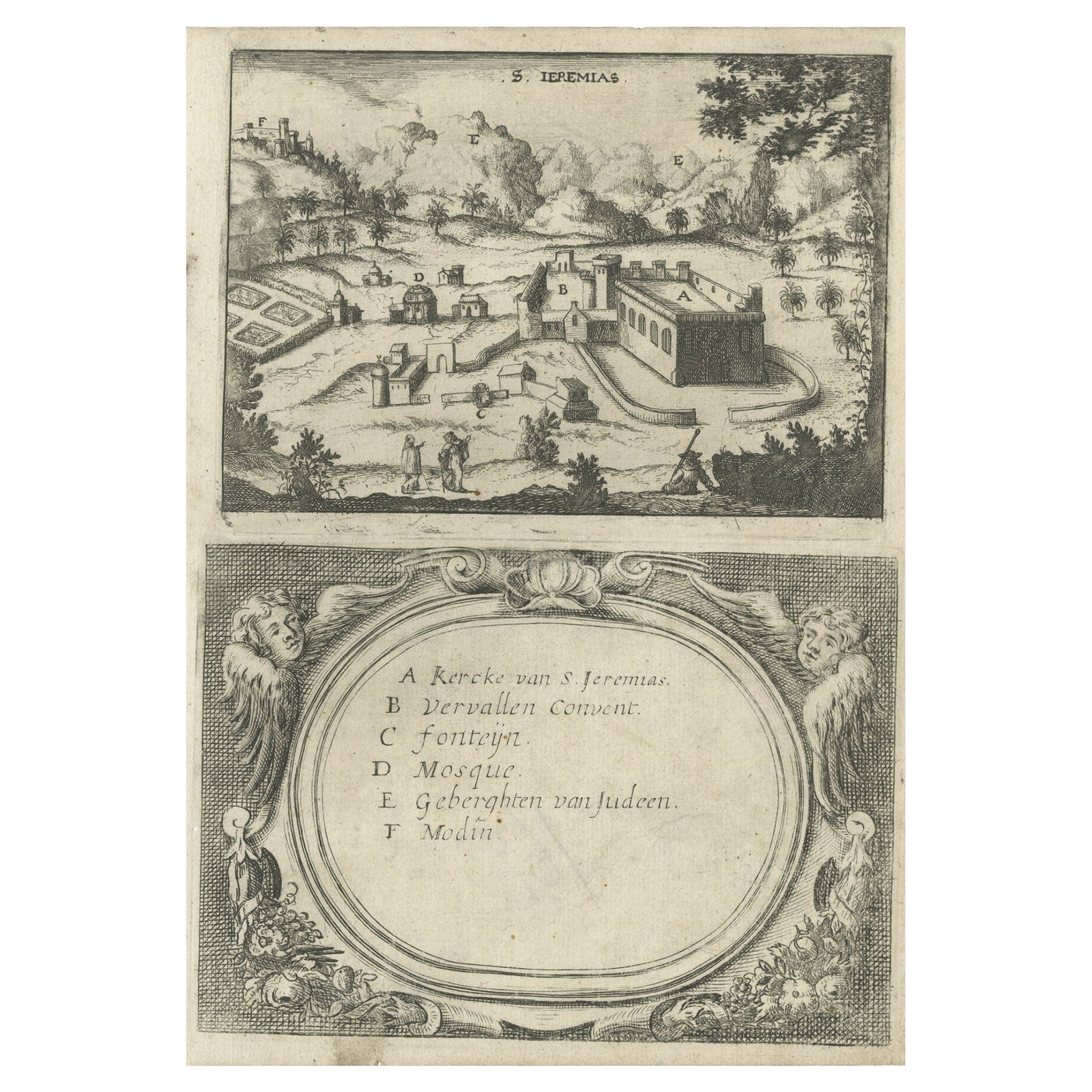 Very Rare Antique Engraving of Christian Monastery Saint Jeremias in Egypt, 1673