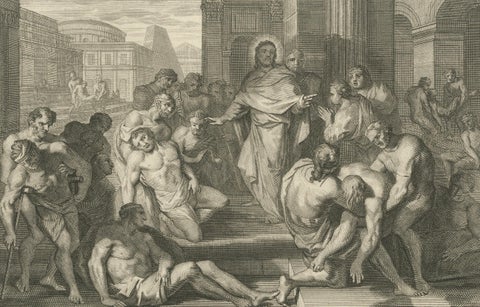 Christ Healing the Sick and Preaching the Sermon on the Mount, P. Mortier, 1700, close-up 4