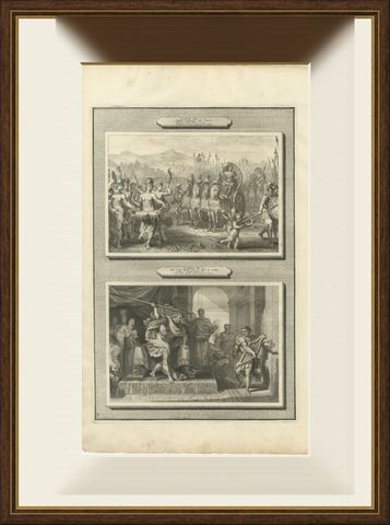 Triumph of David and Saul Hurls His Spear at David, Mortier Bible circa 1700, shown framed