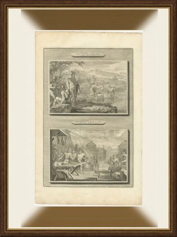 Naaman Healed in the Jordan and Famine in Samaria, Pieter Mortier, circa 1700, shown framed