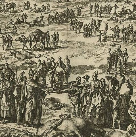 Antique Bible Print Fifth Plague of Egypt by J. Luyken, 1743, close-up 2