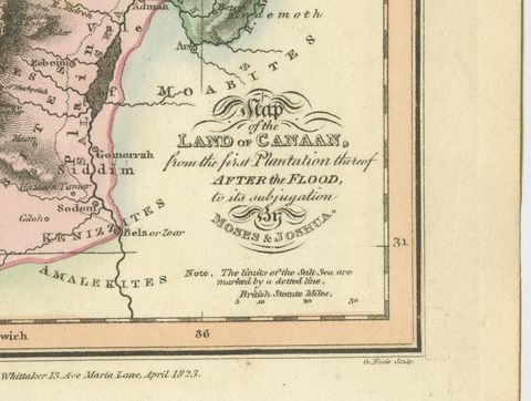 Canaan from the Flood to Moses and Joshua, Antique Hand-Colored Map, 1823, close-up 1