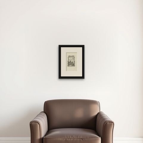 Antique Print of the Exterior of the Papal Basilica of St. Peter, 1779, shown framed on a wall, true to size