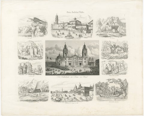 Original Antique Print of Peru, Bolivia & Chile, Lima Cathedral and Views, 1855, view 2