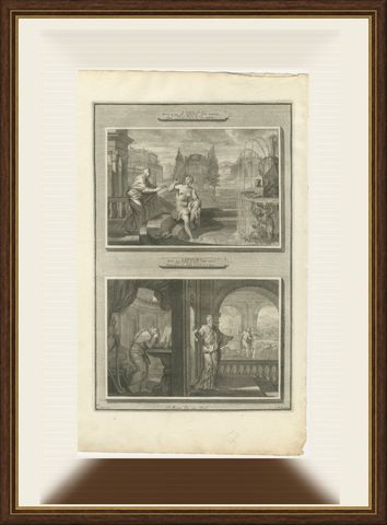 David Sees Bathsheba and Nathan Rebukes David, Pieter Mortier, circa 1700, shown framed