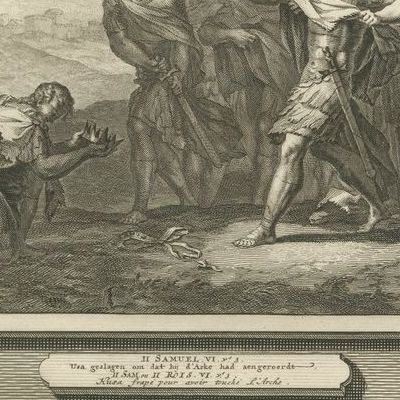 Death of the Amalekite Messenger and Uzzah Struck Down, Mortier circa 1700, close-up 2