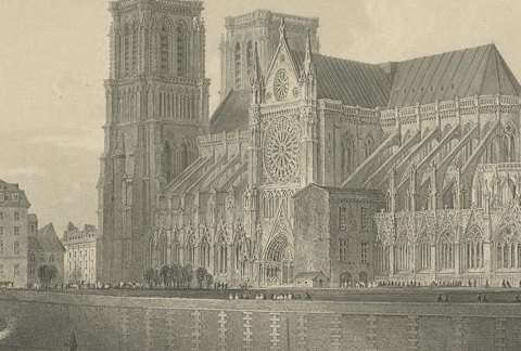 Notre Dame Cathedral, Paris, Antique Steel Engraving after T. Allom, circa 1850, close-up 3