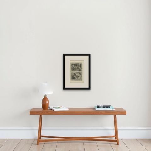 Daniel Interprets the Dream and the Fiery Furnace, Pieter Mortier, circa 1700, shown framed on a wall, true to size