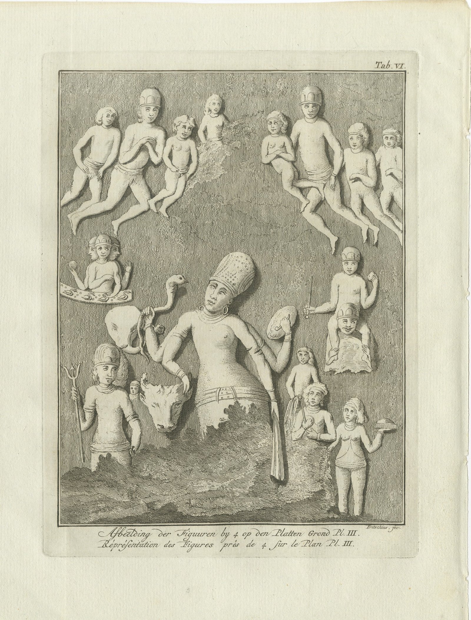 Elephanta Cave Sculpture at Station 4, Antique Niebuhr Print, 1780