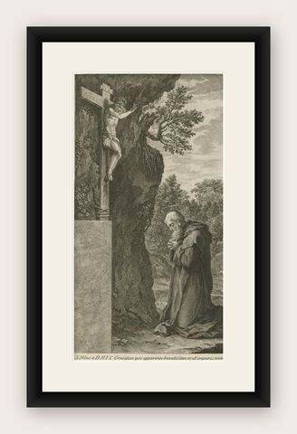 Antique Print of Saint Nilus Kneeling in Prayer, 1762, shown framed