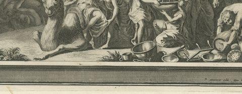 Leah and the Mandrakes and Jacob Flees from Laban, Mortier Bible circa 1700, close-up 1