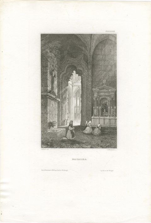 Antique Interior View of Batalha Monastery, Portugal, Engraving, circa 1850, view 2