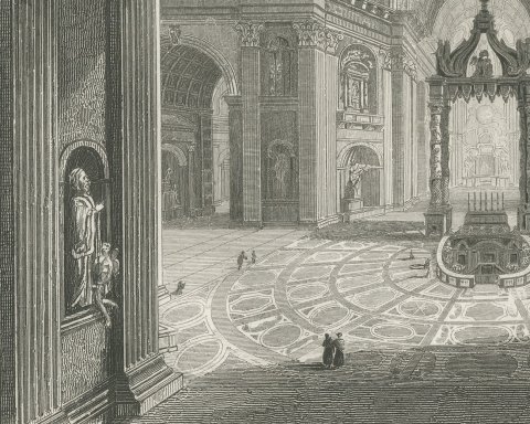 Interior of Saint Peter's, Rome, Antique View from Payne's Universum, circa 1850, close-up 1