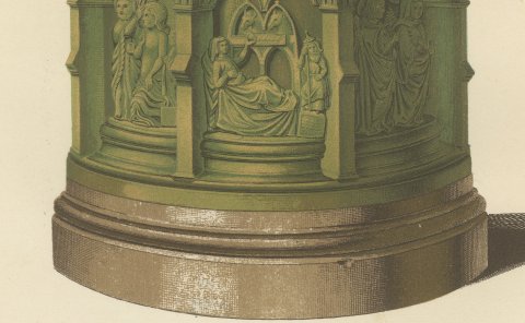 Würzburg Bronze Font and Rouen Lead Lavabo, Antique Print, 1851, close-up 3