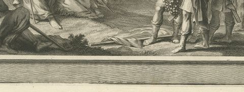 Quails in the Camp and the Spies Return from Canaan, Mortier Bible circa 1700, close-up 1