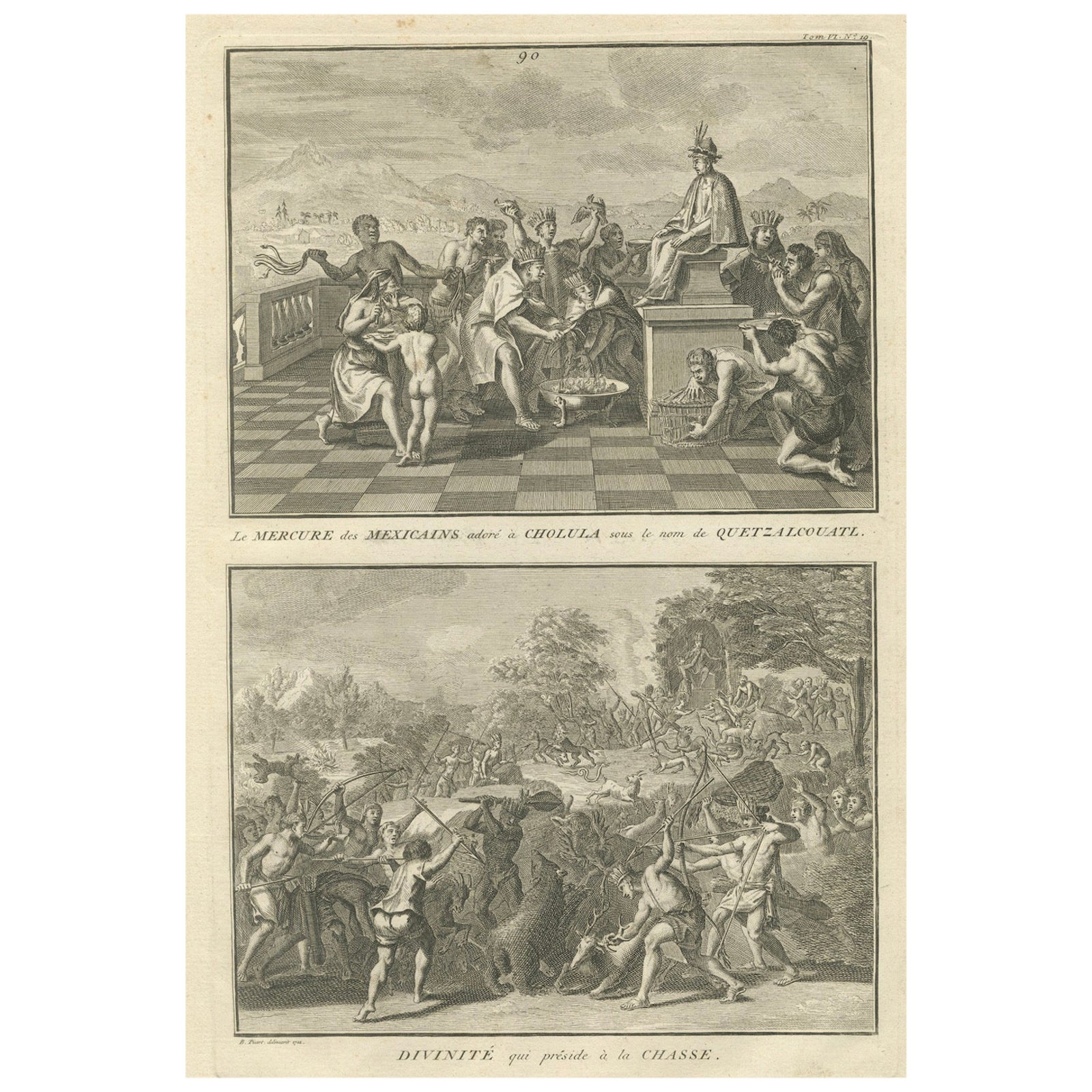 Quetzalcoatl Worship and Hunting Deity, Rare 1734 Engraving of Aztec Rituals