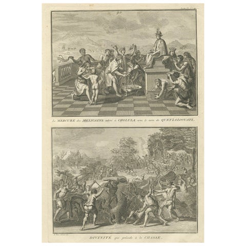 Quetzalcoatl Worship and Hunting Deity, Rare 1734 Engraving of Aztec Rituals