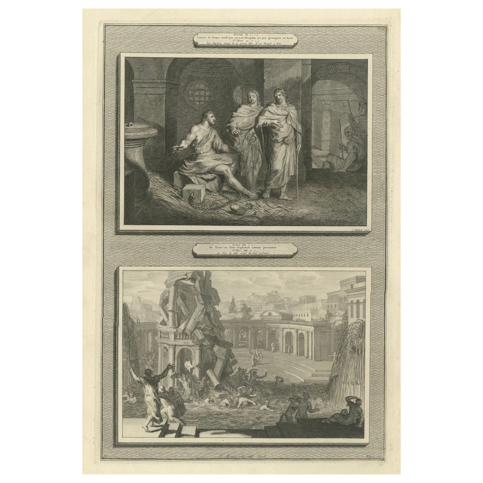 John the Baptist in Prison & Fall of the Tower of Siloam, Pieter Mortier, c.1700