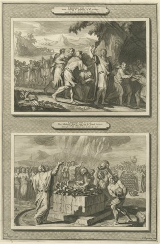 Obadiah Hides the Prophets and Elijah on Mount Carmel, Mortier, circa 1700