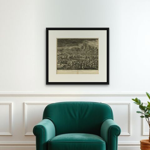 Antique Bible Print Eighth Plague of Egypt from the Bible Sacra, 1743, shown framed on a wall, true to size