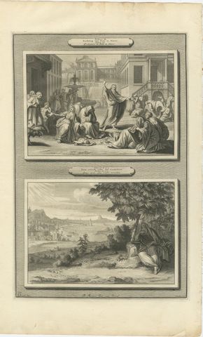 Jonah Preaches at Nineveh and Jonah Under the Gourd, Mortier Bible circa 1700