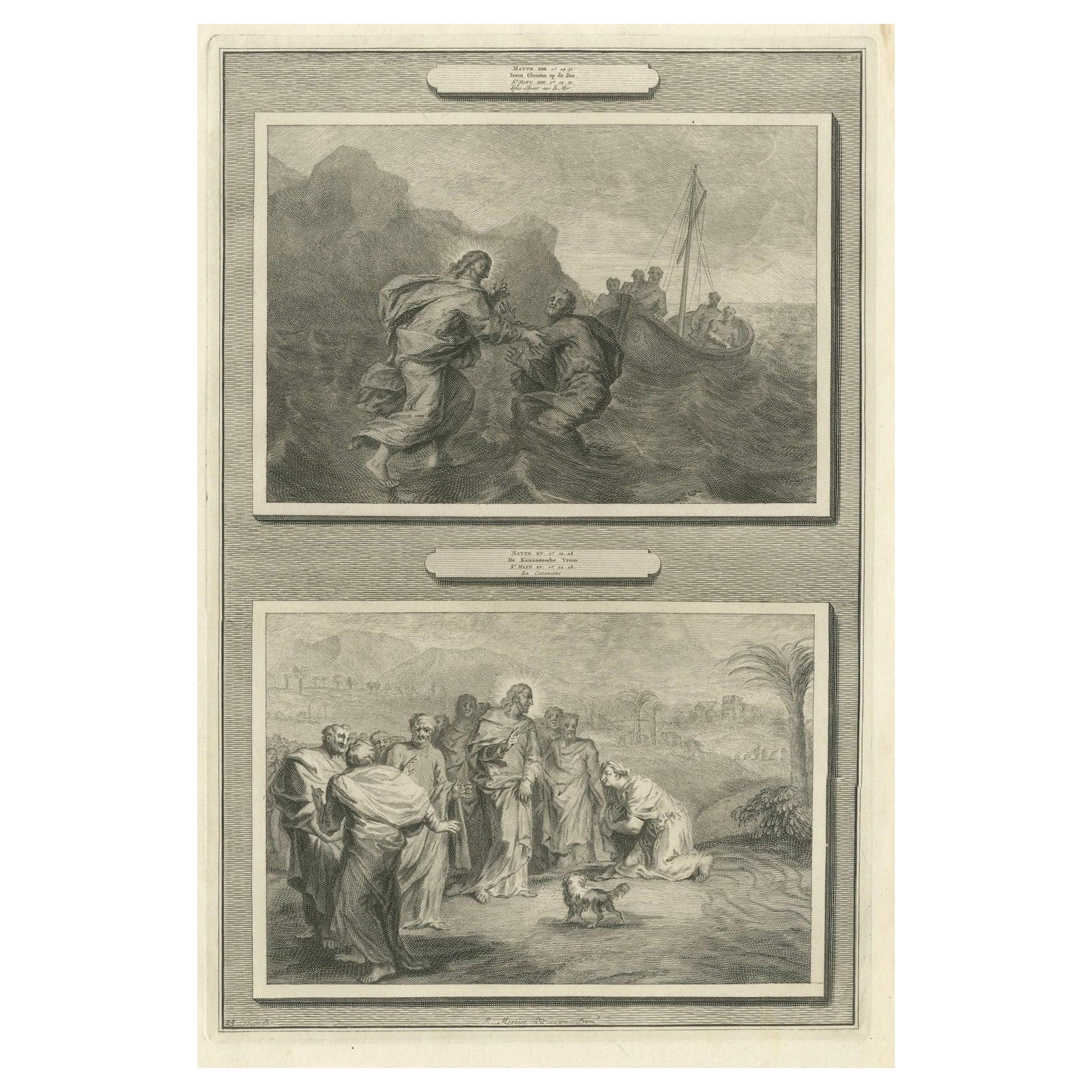 Antique Biblical Engravings, Christ Walking on Water & Canaanite Woman, 1700