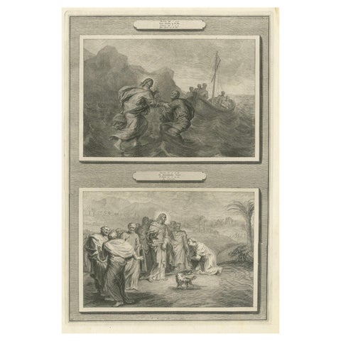 Antique Biblical Engravings, Christ Walking on Water & Canaanite Woman, 1700