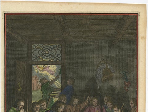 Israelites at the Paschal Meal, Hand-Coloured Bible Engraving, 18th Century, close-up 1